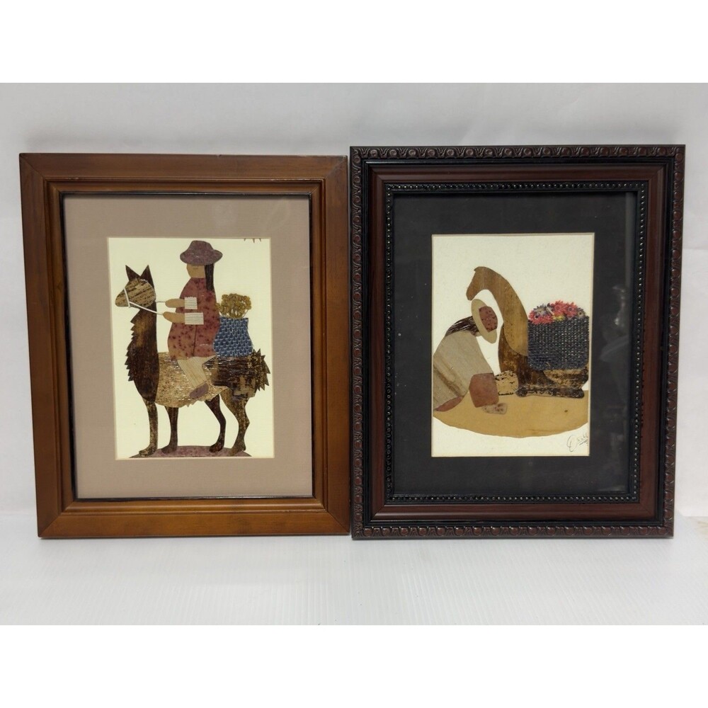 Vintage Mexican Popotillo Straw Art Pair Folk Art Llama Burro Corn Husk Framed